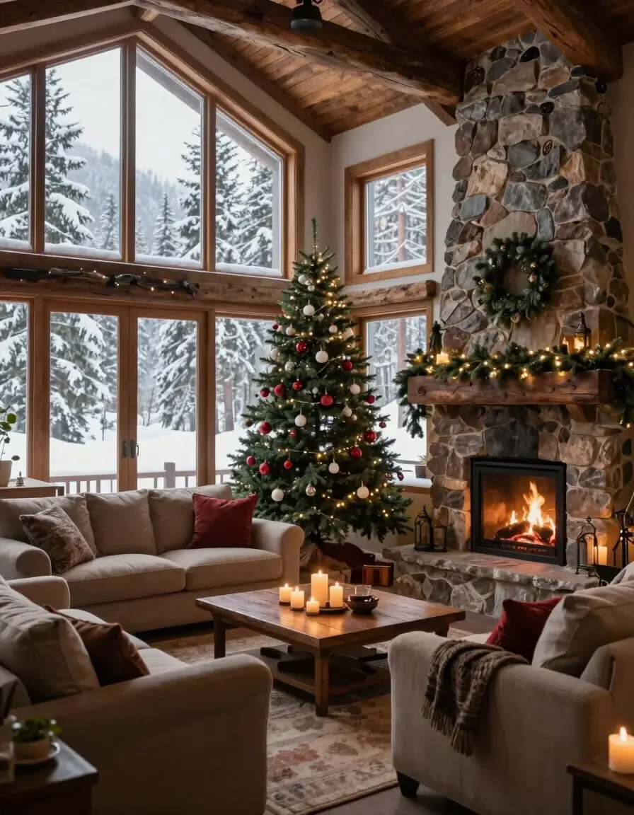 A cozy living room with a stone fireplace, Christmas tree, and snowy forest views.