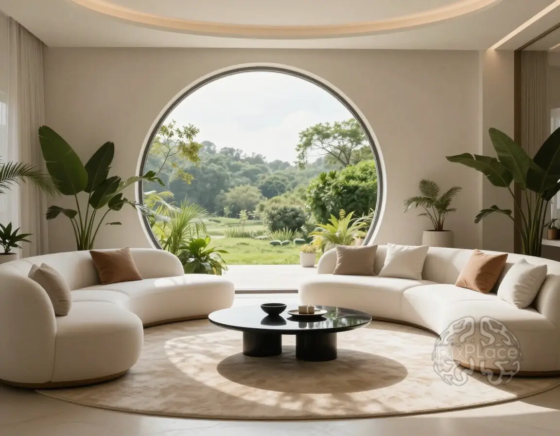 A modern living room with a large circular window, white sofas, and a black coffee table, surrounded by lush greenery.