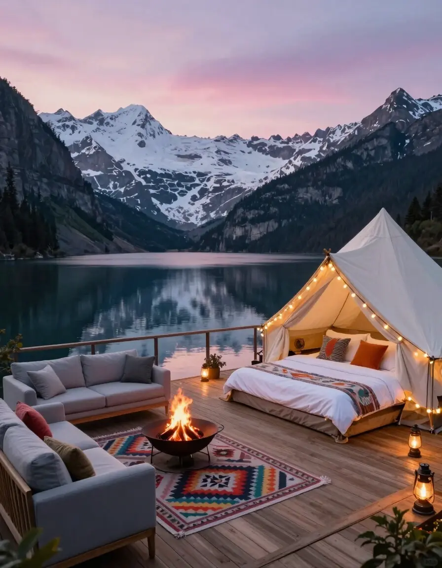 A serene glamping setup on a wooden deck overlooking a lake and snow-capped mountains at dusk.
