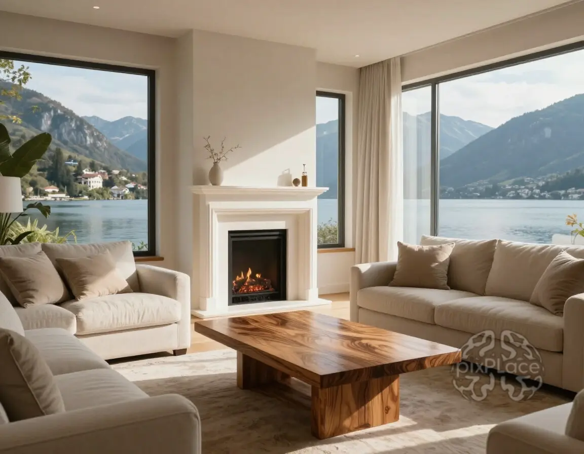 Modern living room with fireplace, beige couches, and wooden coffee table, surrounded by large windows with a lake and mountain view.