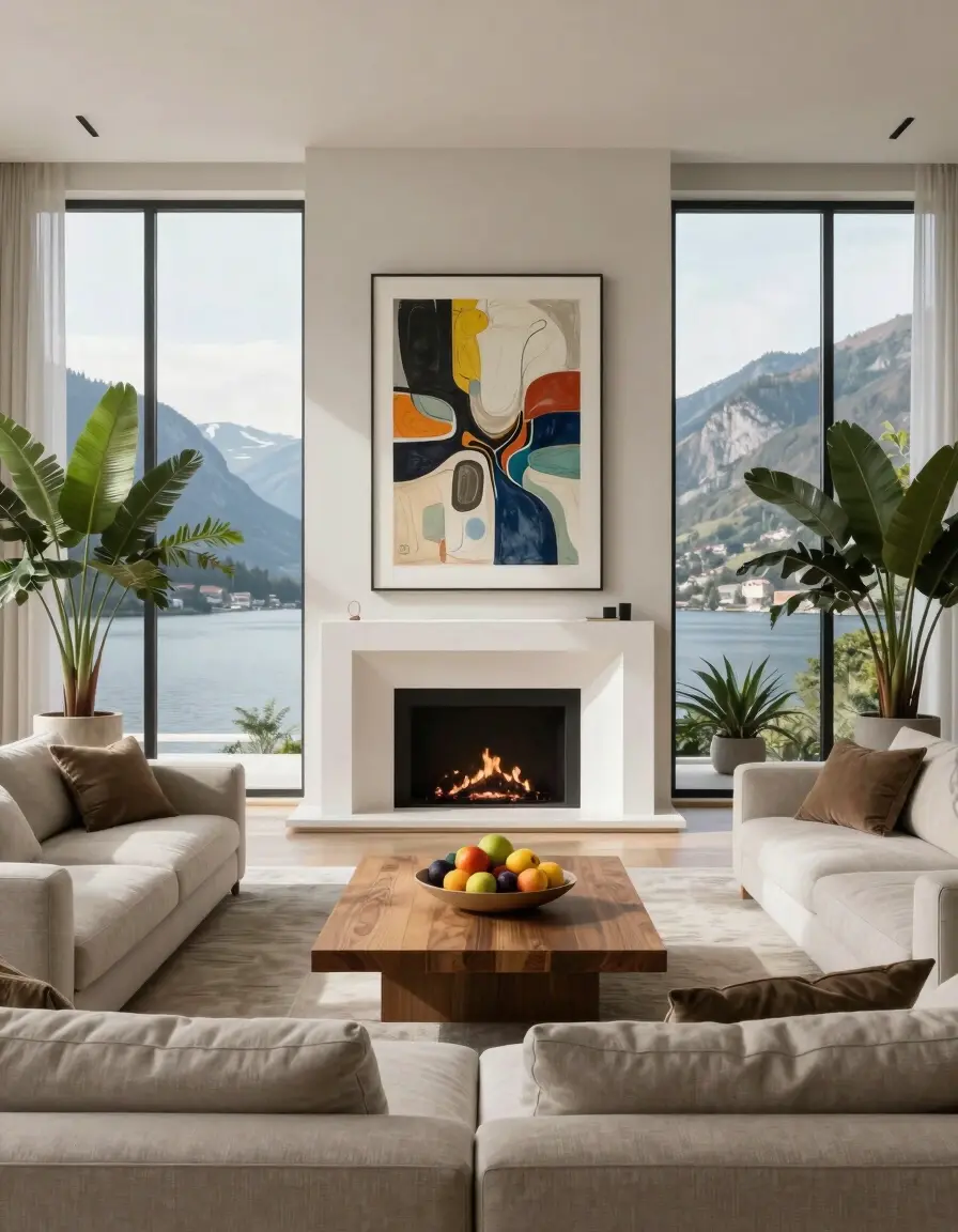 A peaceful living room with a fireplace, abstract art, and a lake view.