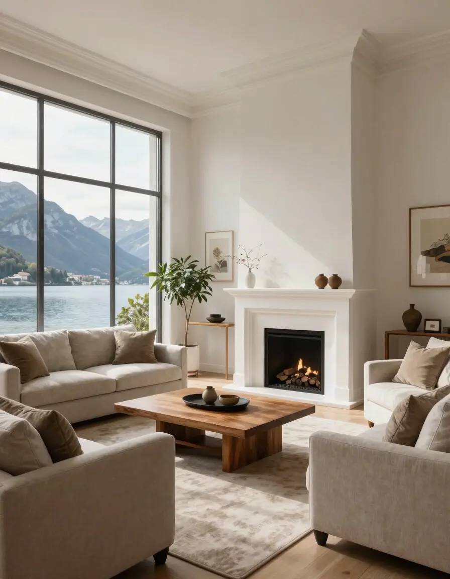 A cozy living room with beige furniture and a fireplace, overlooking a serene lake and mountains.