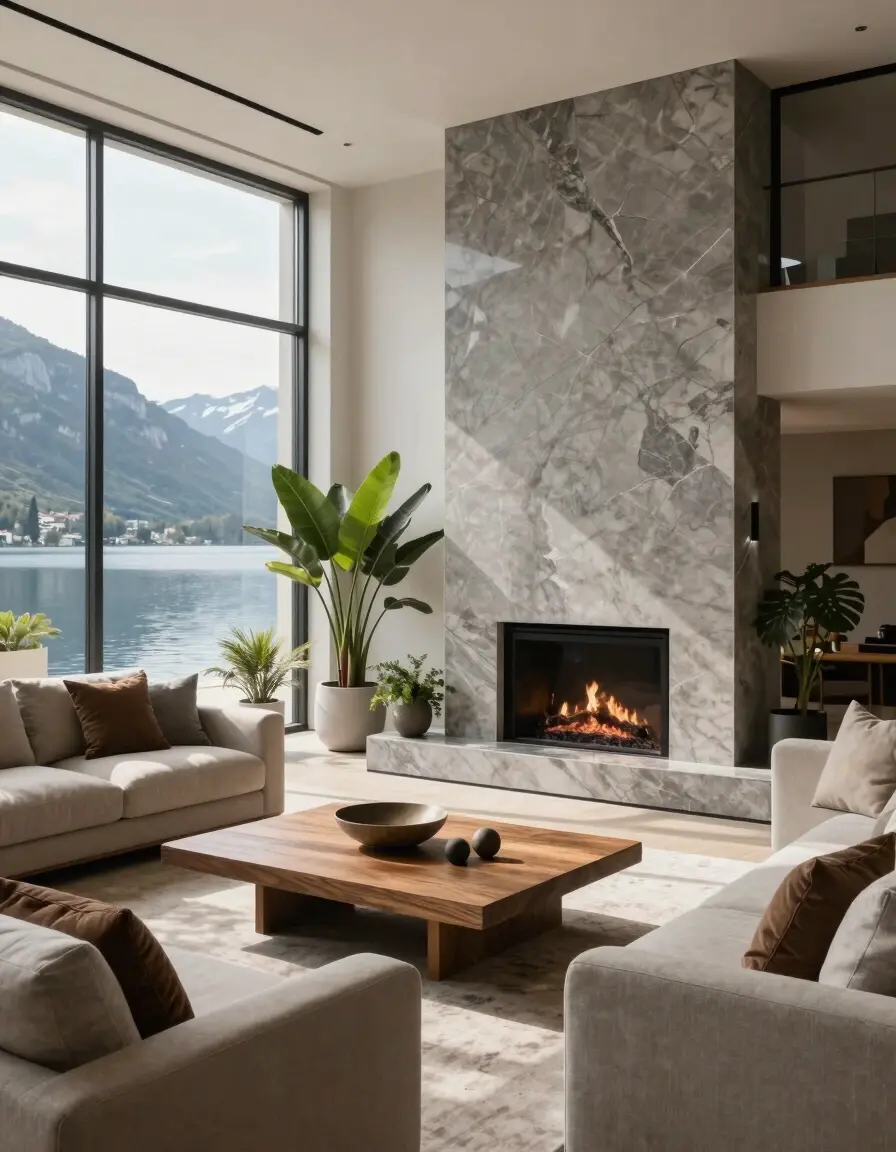 A modern minimalist living room with a large window, fireplace, and comfortable seating area, surrounded by plants and a beautiful lake view.