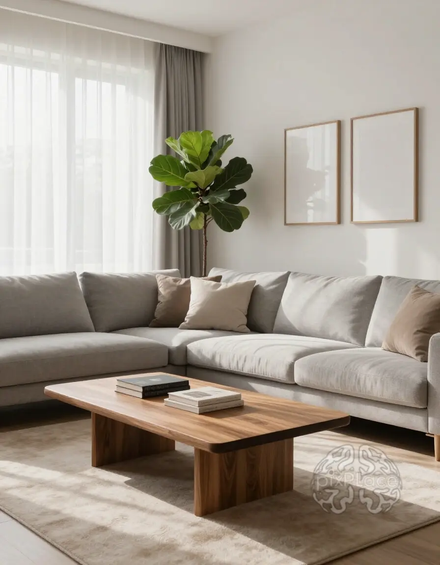 A peaceful living room with gray sofa, wooden coffee table, and beige rug, illuminated by natural light from a large window.