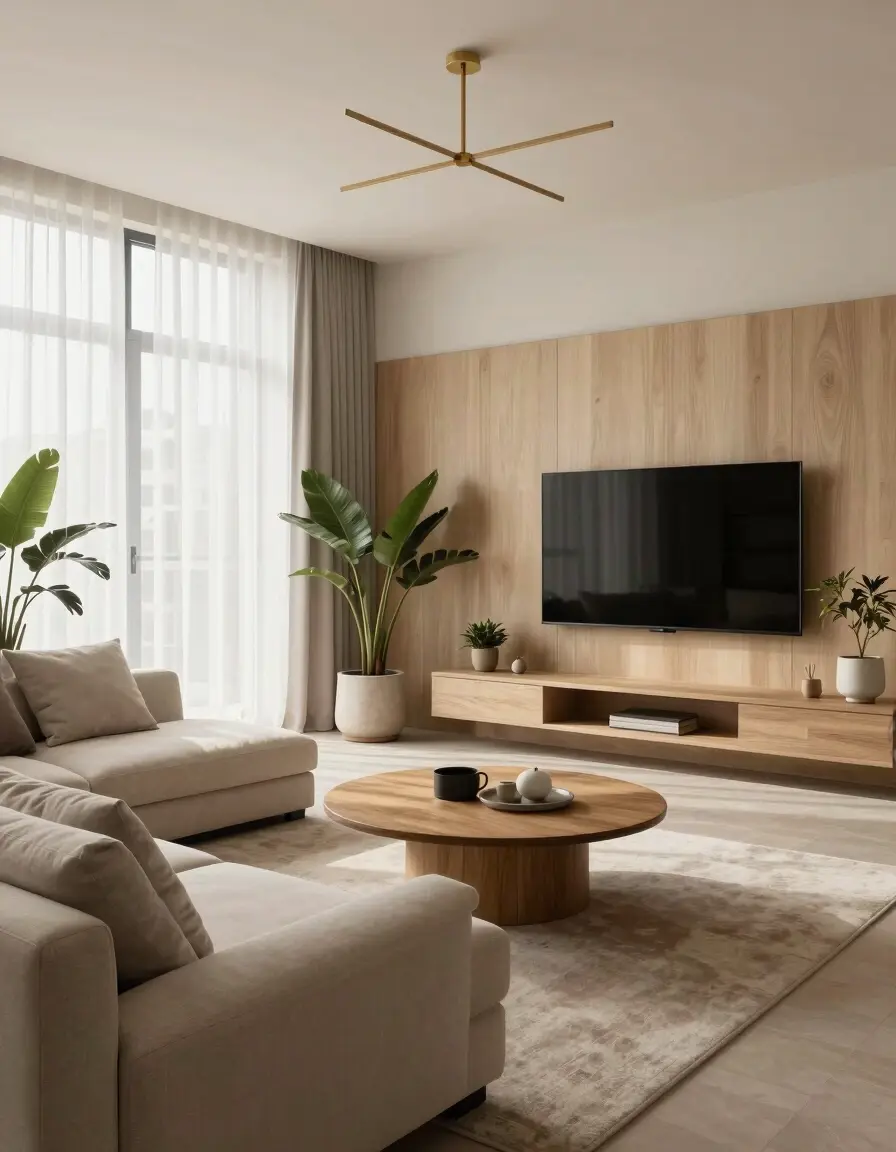 A modern living room with a minimalist aesthetic, featuring a beige sofa, wooden coffee table, and wall-mounted TV, surrounded by potted plants and natural light.