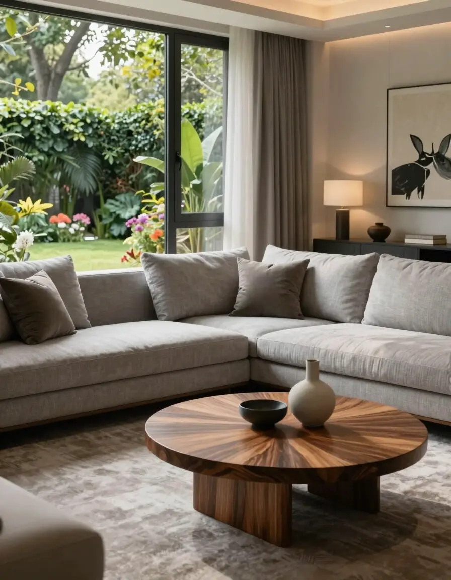 A modern living room with a gray sofa, wooden coffee table, and large window surrounded by greenery.