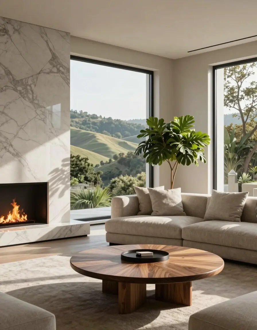 Modern living room with marble fireplace and large window