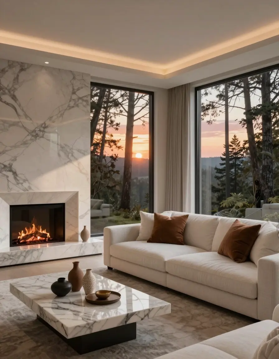 A modern living room with a marble fireplace and large windows showing a forest at sunset, featuring a white sectional sofa and minimalist decor.