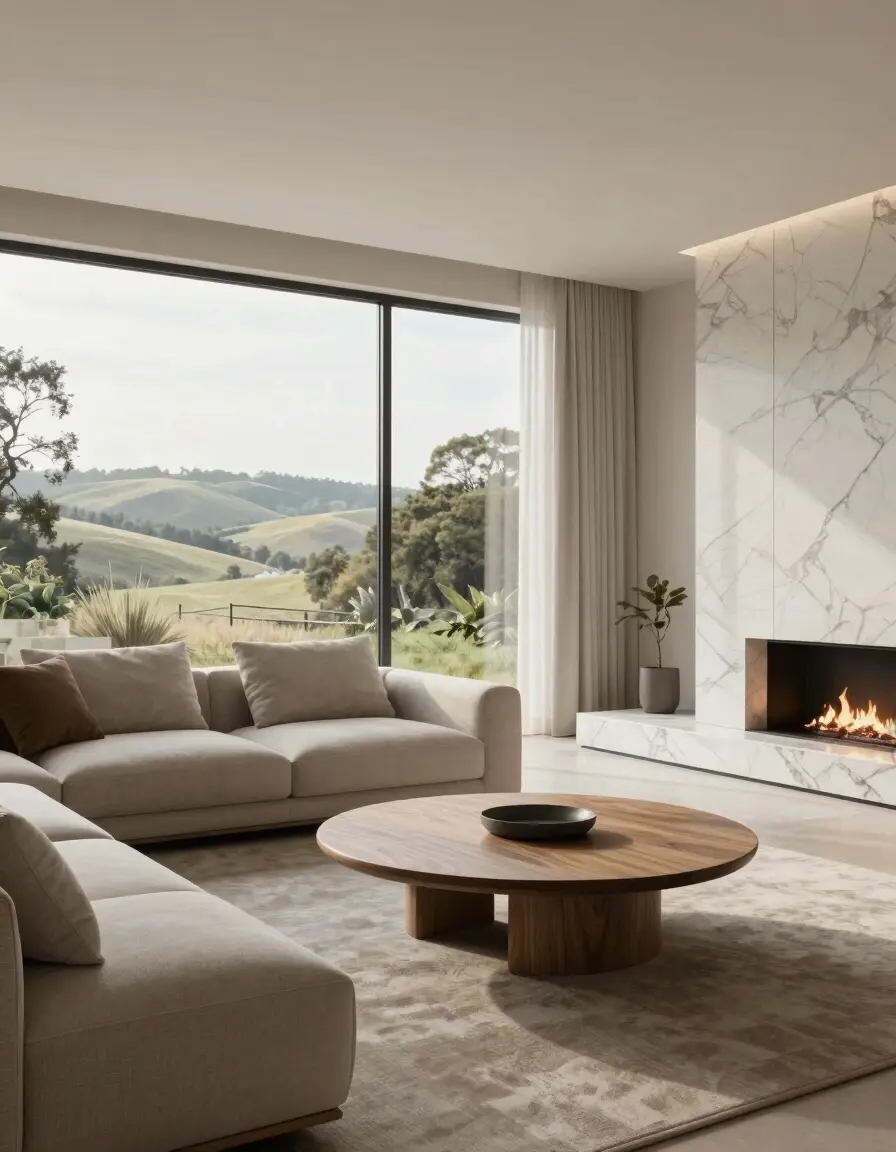 A modern minimalist living room with a large window, neutral-colored sofa, round wooden coffee table, and marble-clad fireplace, overlooking a serene landscape.