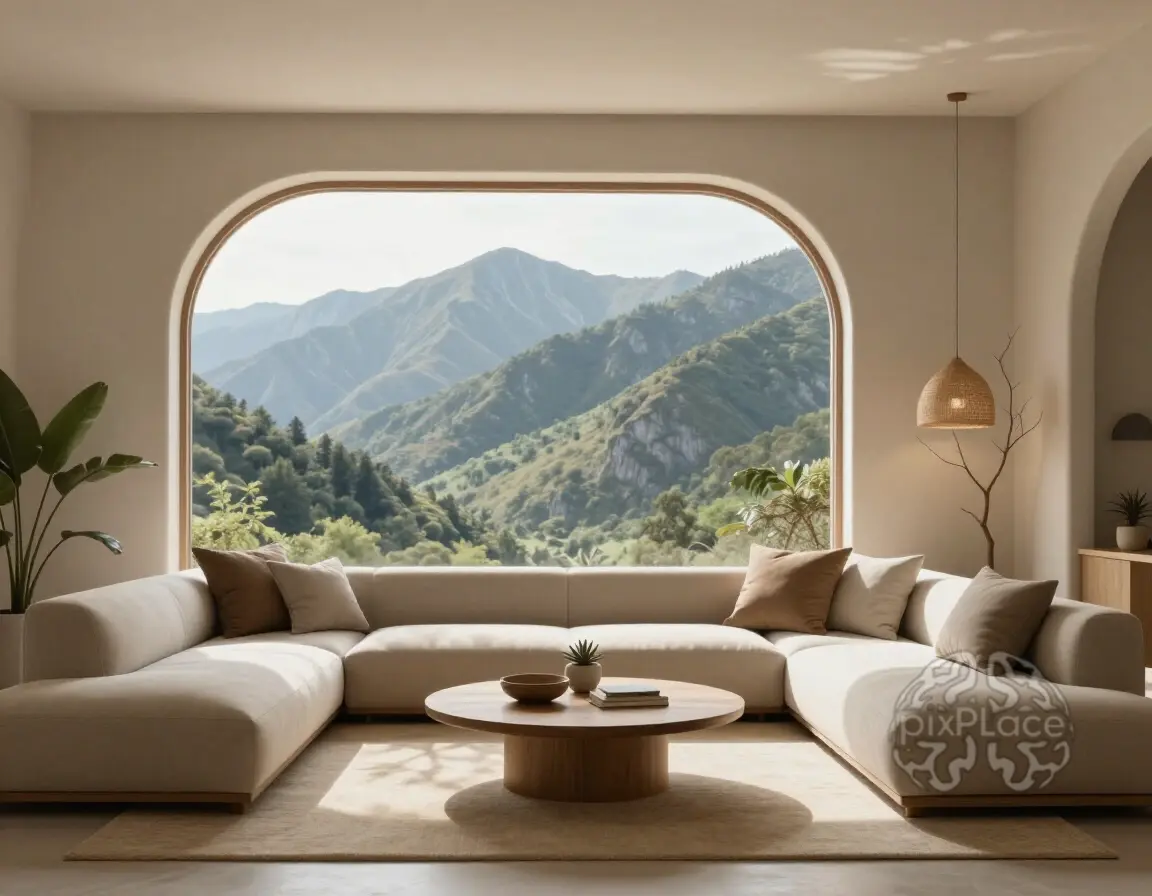 A modern living room with a large arched window showing mountains, beige sofa, wooden coffee table, and woven pendant lights.