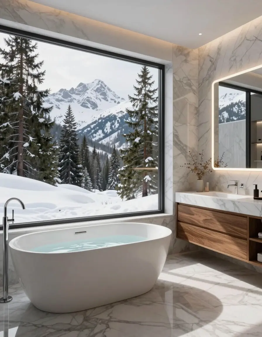 A modern bathroom with a large window, freestanding bathtub, and wooden vanity, surrounded by snow-capped mountains and evergreen trees.