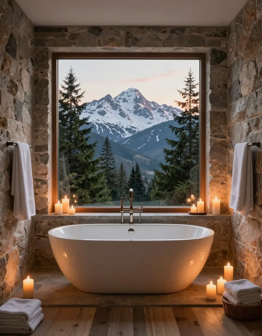 Luxurious bathroom with freestanding tub, stone walls, and mountain view