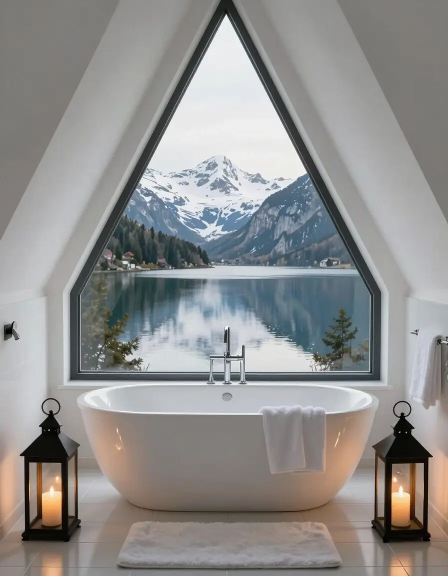 Bathroom with triangular window, white bathtub, and mountain lake view