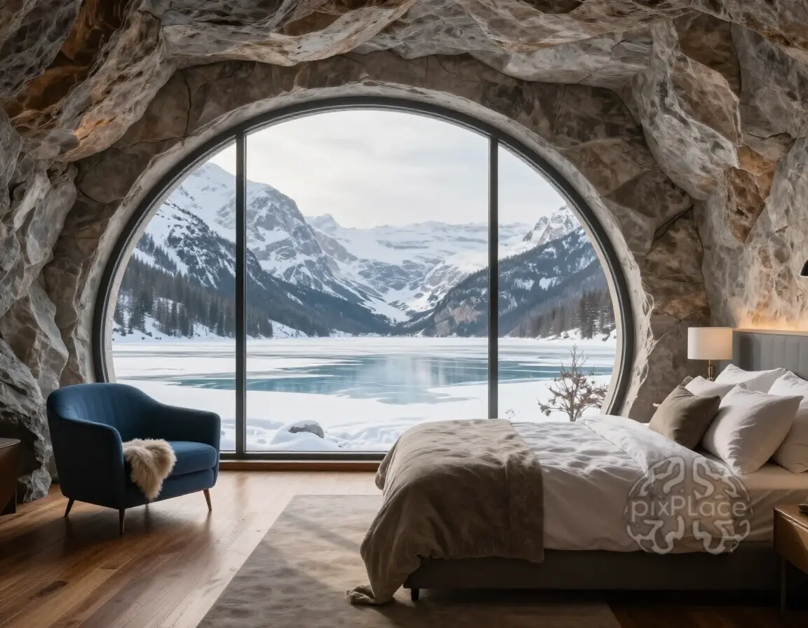 A serene bedroom with a large arched window, a cozy bed, and a blue armchair, set against a backdrop of snow-capped mountains and a frozen lake.