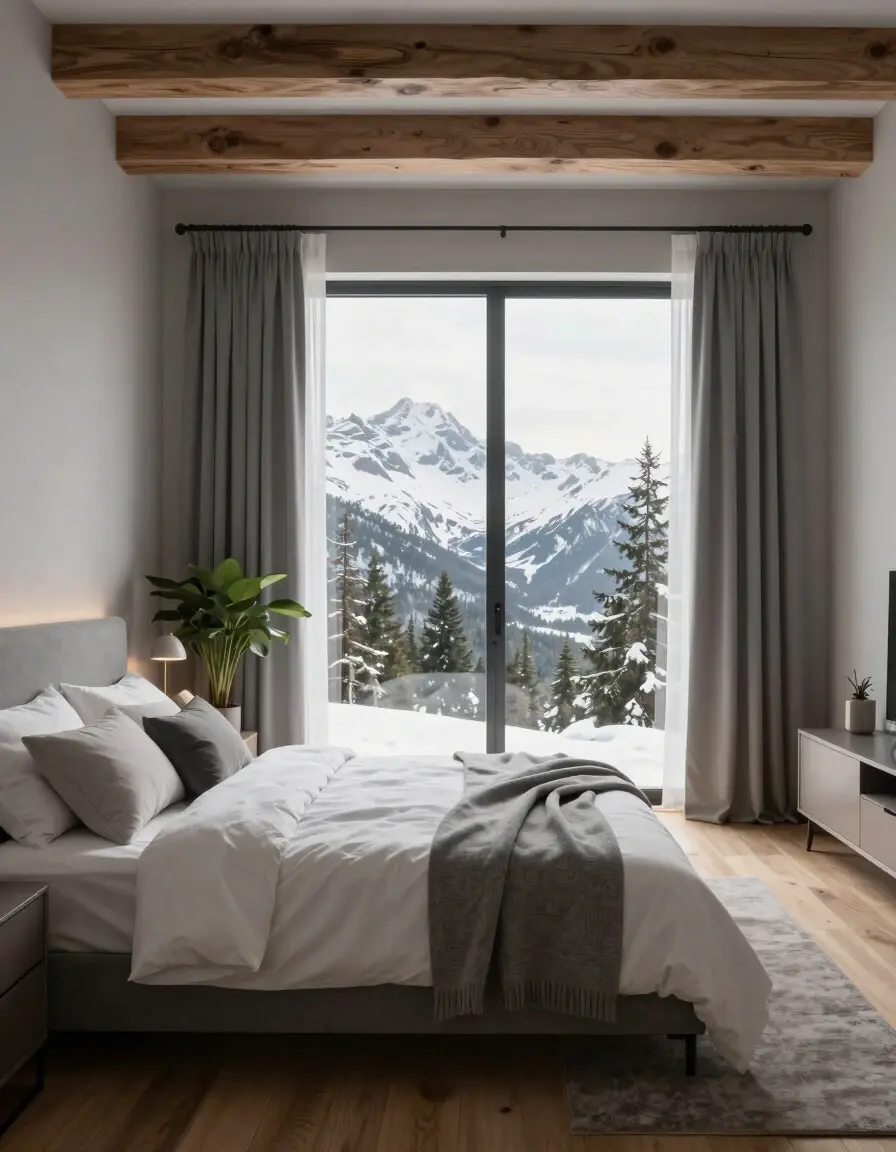 A serene bedroom with a large window overlooking snow-capped mountains and evergreen trees, featuring a minimalist design with a gray bed and white bedding.