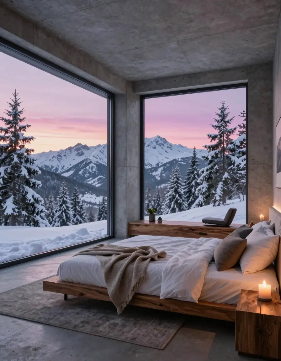A modern concrete bedroom with large glass windows, a simple bed, and warm ambient lighting, set in a serene winter landscape with snow-capped mountains and evergreen trees.
