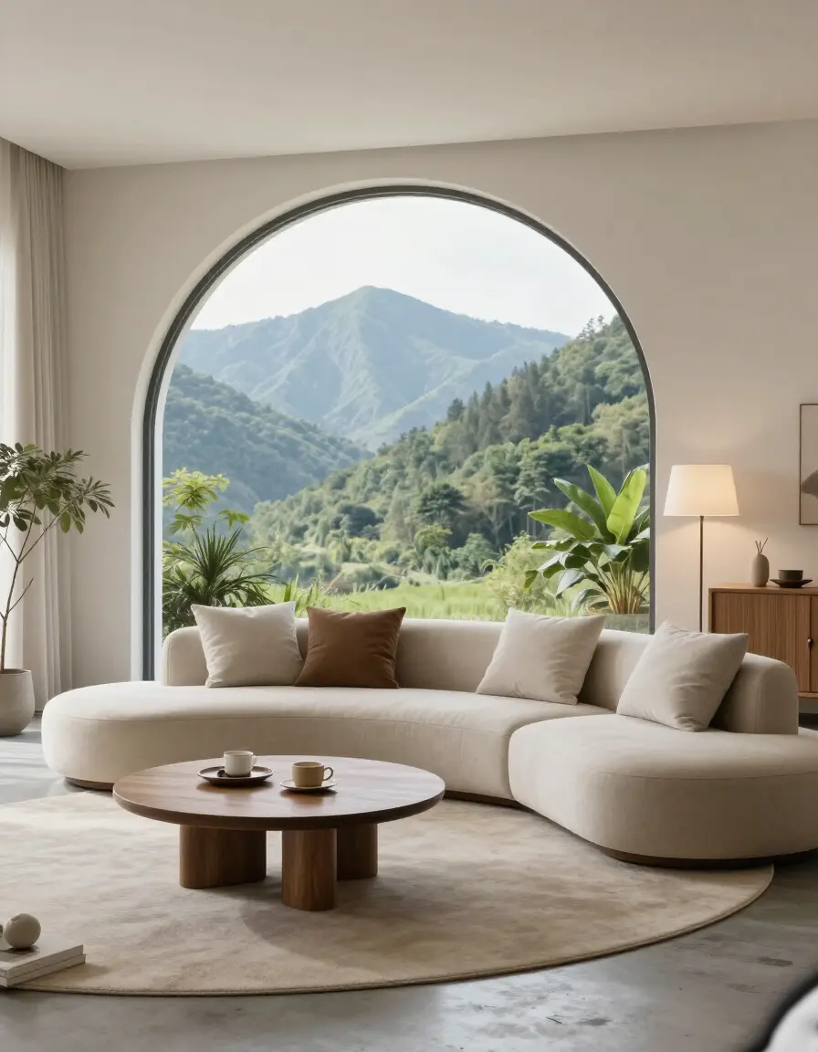 A modern living room with a large arched window, beige sofa, and round wooden coffee table, set against a backdrop of lush mountains.