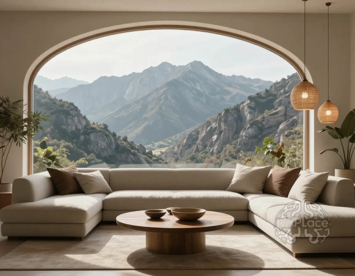 A modern living room with a large arched window showcasing a breathtaking mountain view, furnished with a beige sofa and a wooden coffee table.