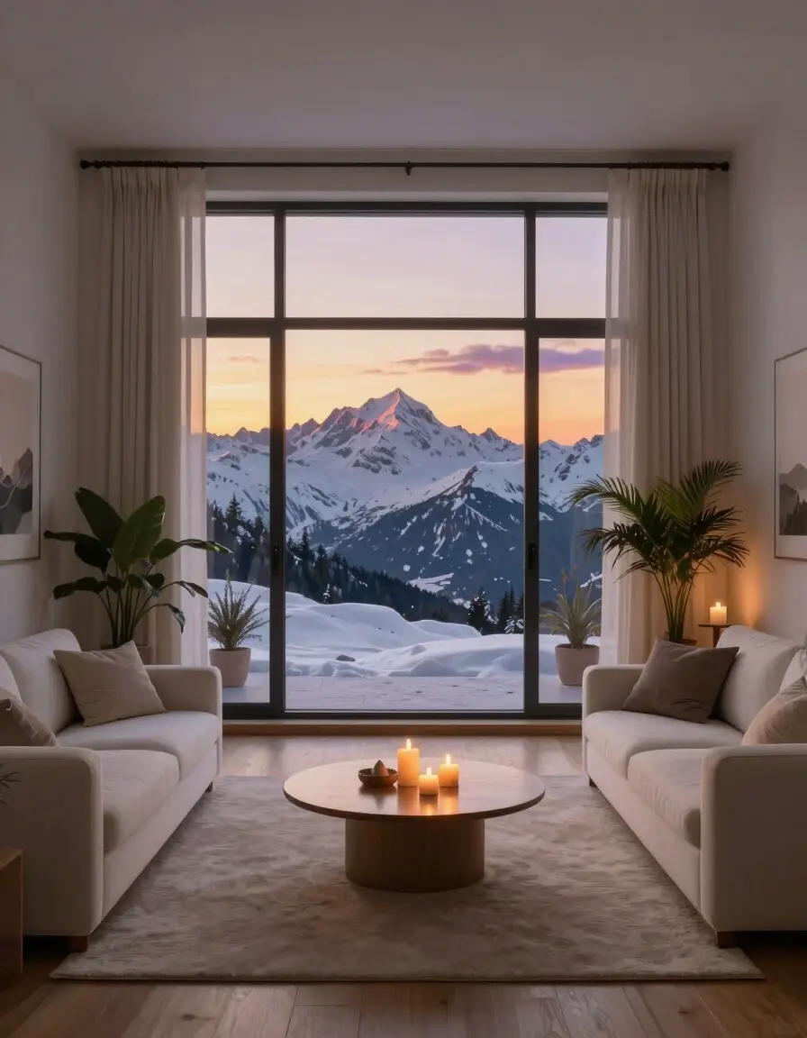 A living room with a large window showing a snowy mountain range at sunset, white couches, and a round coffee table with candles.
