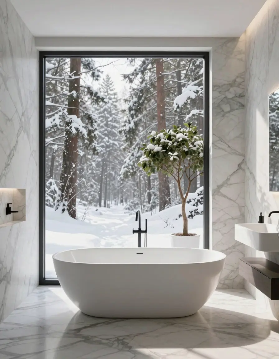 A modern bathroom with a large window showing a snowy forest, a white freestanding bathtub, and minimalist decor