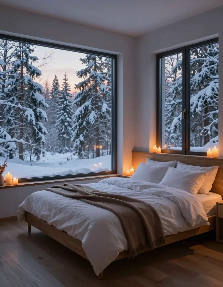 A serene bedroom with a large window showing a snowy forest at dusk, a wooden bed with white bedding, and candles on the windowsills.