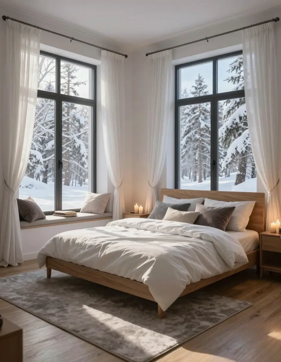A cozy bedroom with a large bed, white bedding, and light wooden furniture, surrounded by large windows with a snowy view.