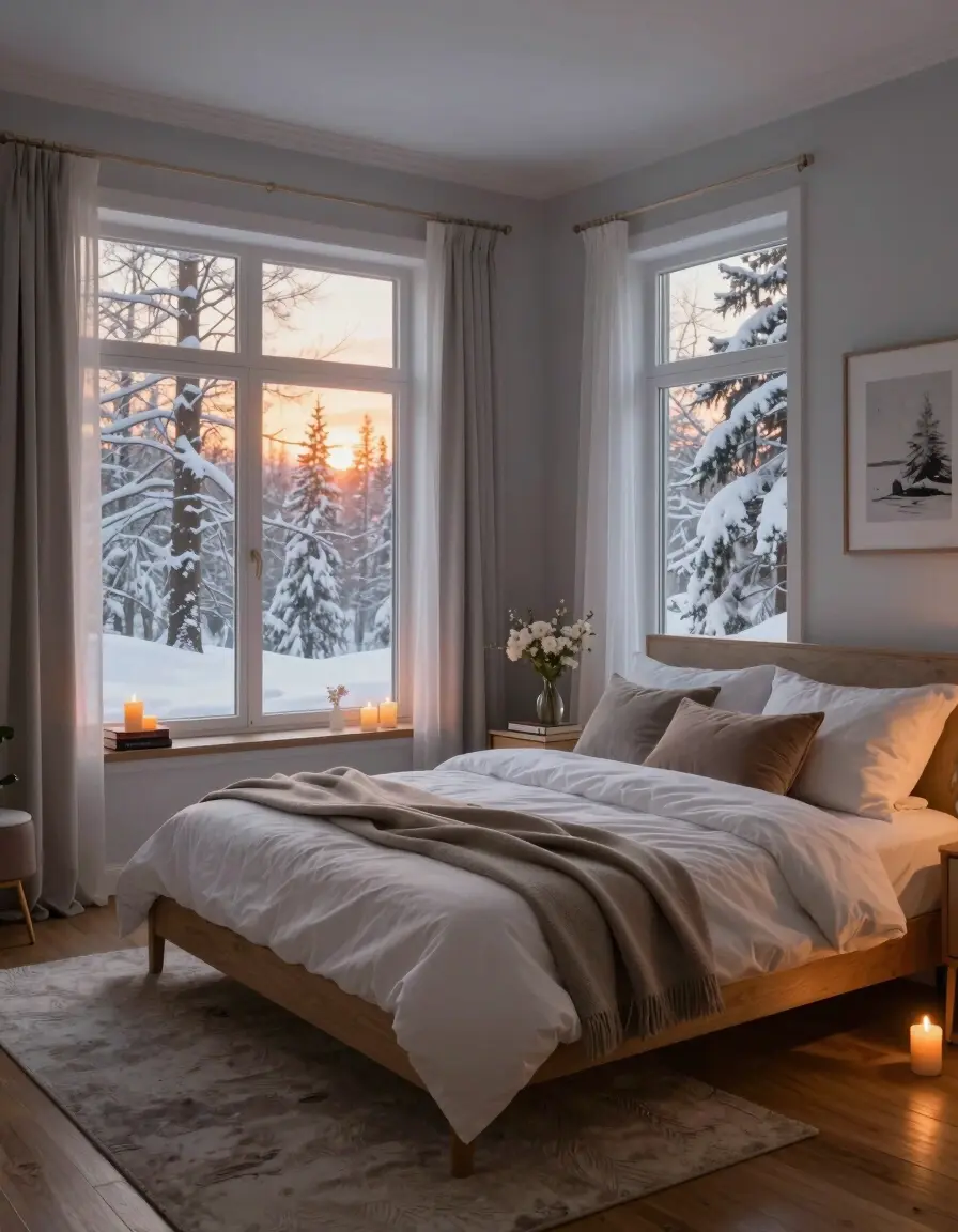 A serene bedroom with a large bed, white bedding, and taupe throw blanket, positioned in front of large windows with a snowy forest view at sunset.