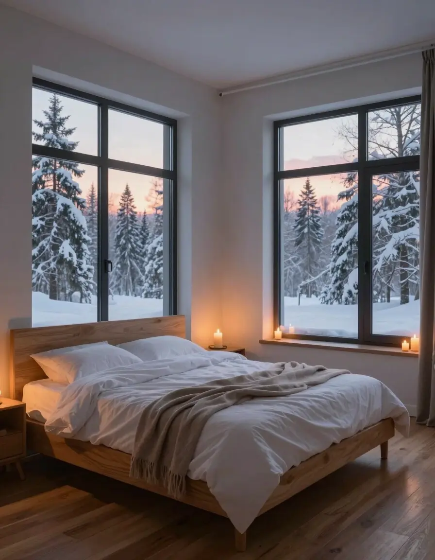 A peaceful bedroom with snow-covered trees visible through large windows, lit by soft candlelight and featuring a cozy bed with white linens.