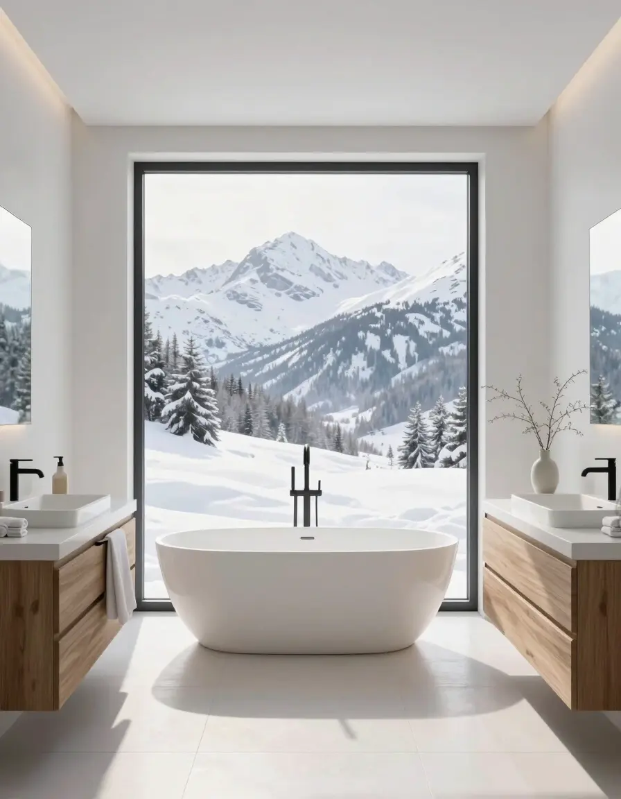 Modern bathroom with white bathtub and wooden vanities overlooking snowy mountains