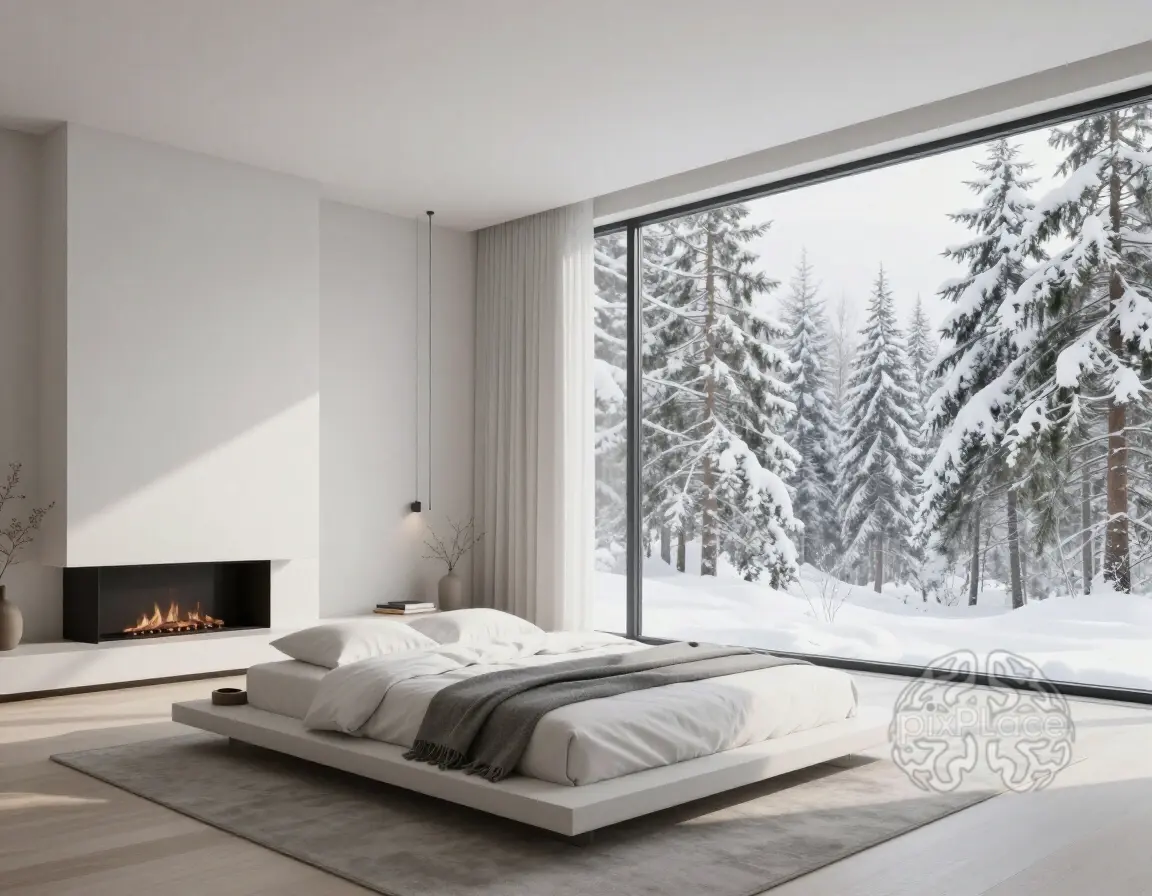 A modern minimalist bedroom with a white platform bed and a breathtaking view of a snowy forest through floor-to-ceiling windows.