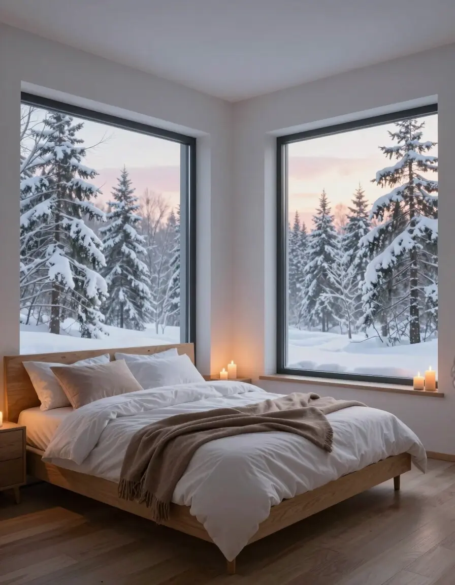 A cozy winter bedroom with a large bed, white bedding, and brown throw blanket, surrounded by candles and overlooking a snow-covered forest through large windows.
