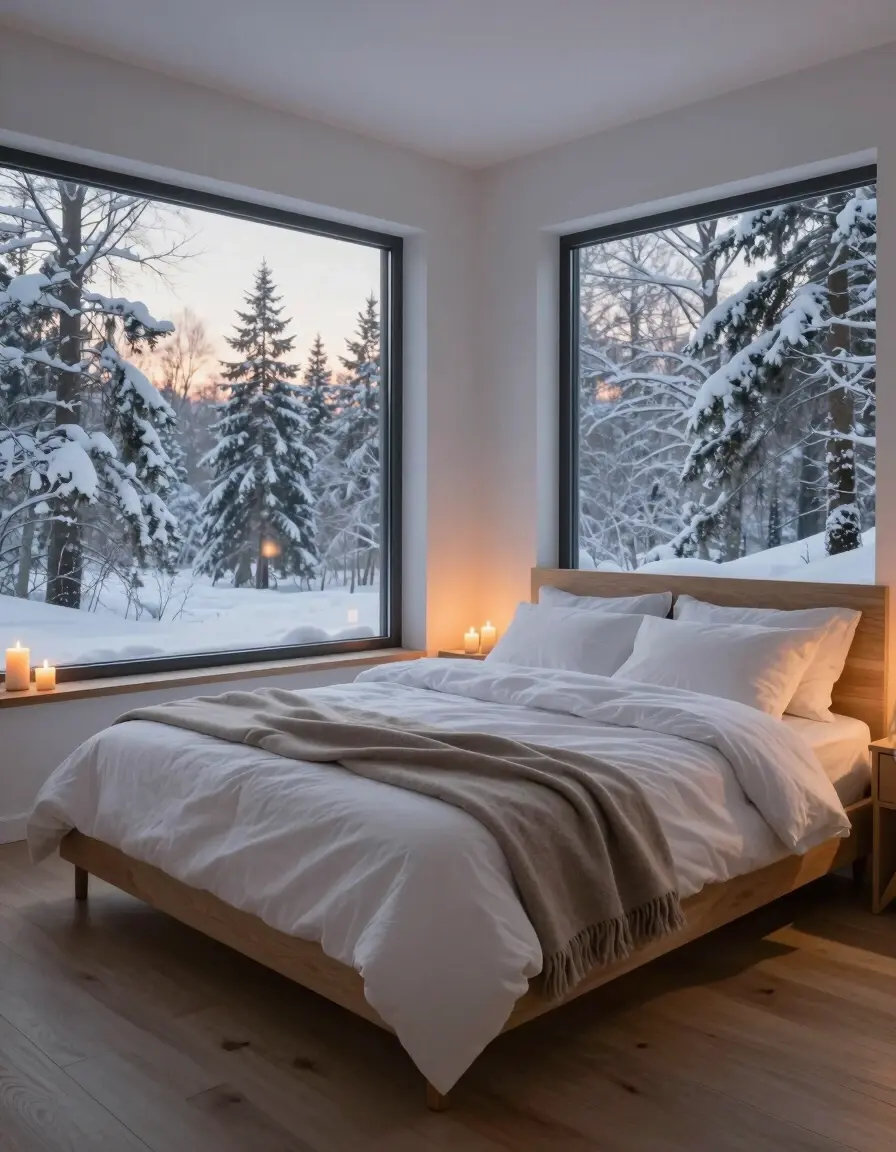 A serene winter bedroom with a large bed, expansive windows showing a snowy forest, and warm candlelight creating a cozy retreat.