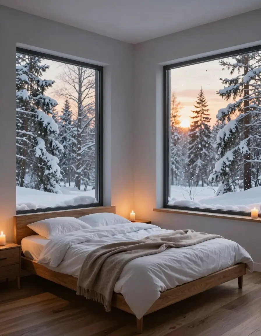 A peaceful bedroom with a large bed and expansive windows showing a snowy forest at dusk, illuminated by soft candlelight.