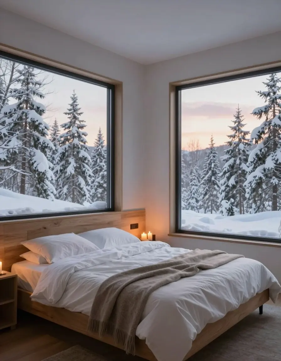 A peaceful winter bedroom scene with a wooden bed, white bedding, and candles, set against a backdrop of snow-covered trees visible through large windows.