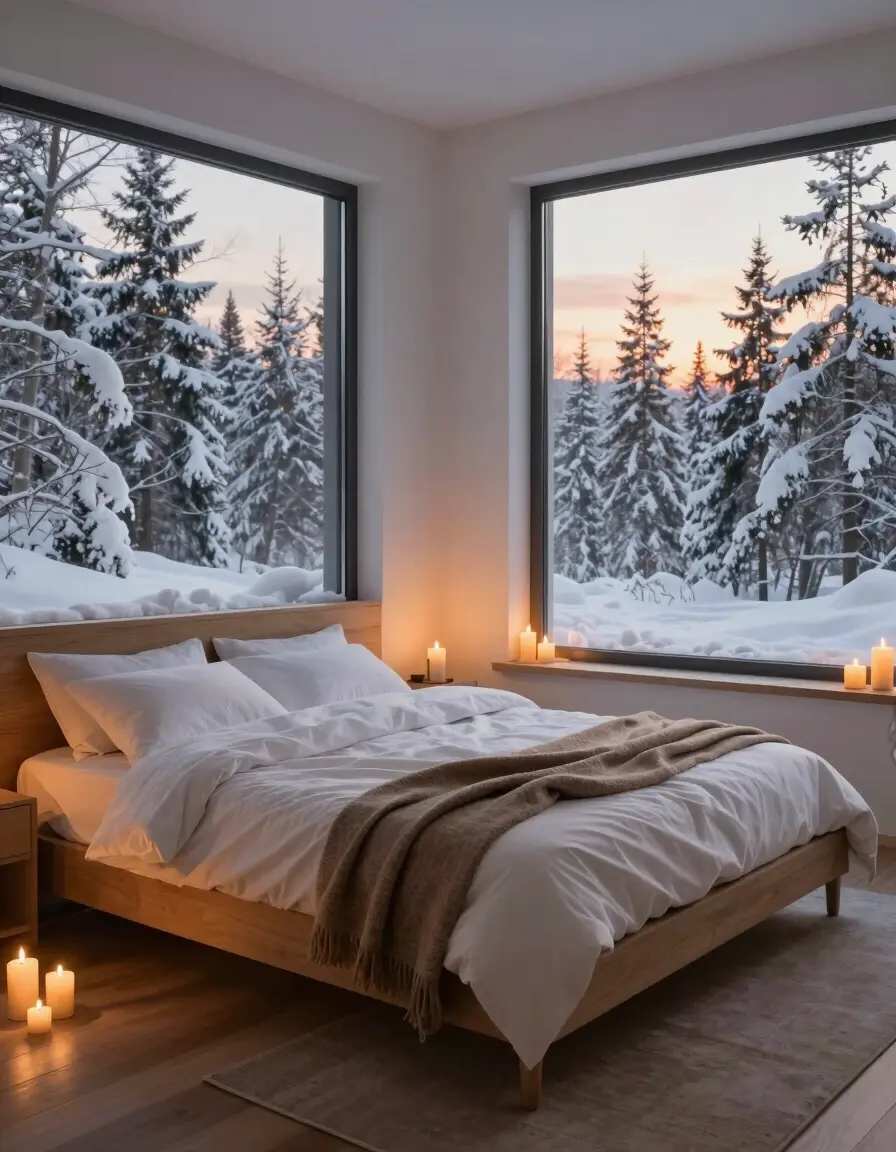 A serene winter bedroom with a large bed, minimalist decor, and large windows showing a snow-covered forest.