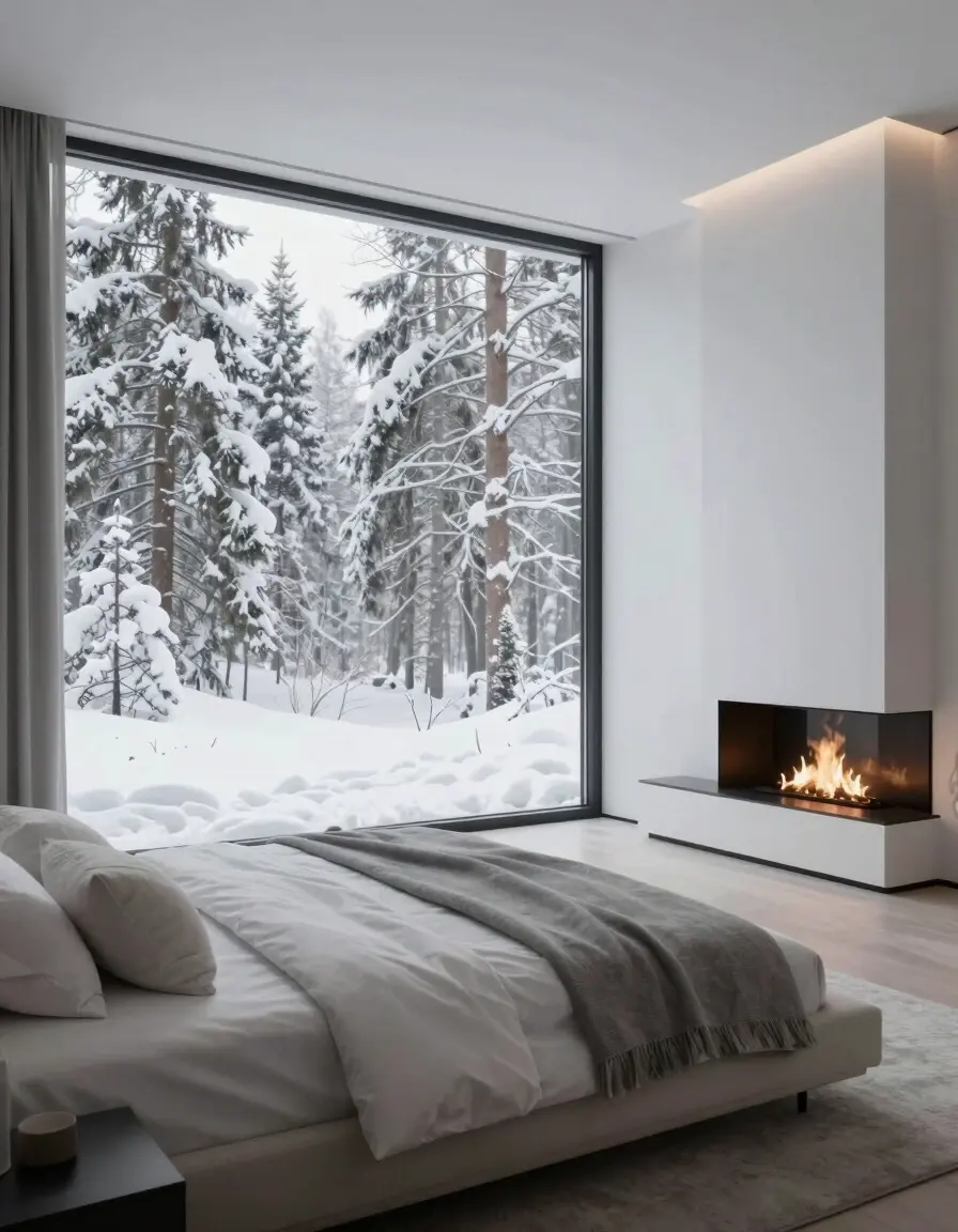 A modern bedroom with a large window showing a snowy forest, a white bed, and a wall-mounted fireplace.