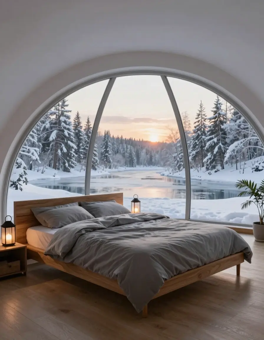 A serene bedroom with a large dome-shaped window overlooking a snowy forest and frozen lake at sunset, with a minimalist wooden bed and gray bedding.