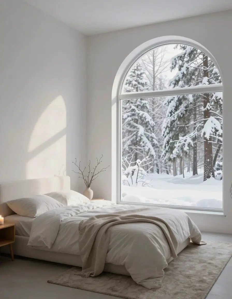 A serene bedroom with a large arched window showing a snow-covered forest, a white bed with a beige throw blanket, and a small wooden nightstand with a candle and vase.