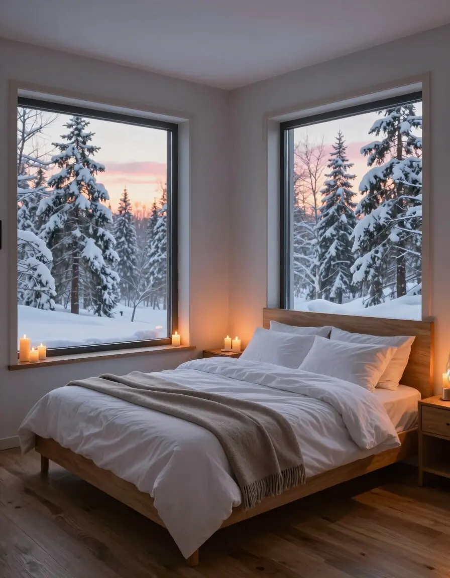 A cozy bedroom with a large bed, candles, and a snowy forest view through large windows.