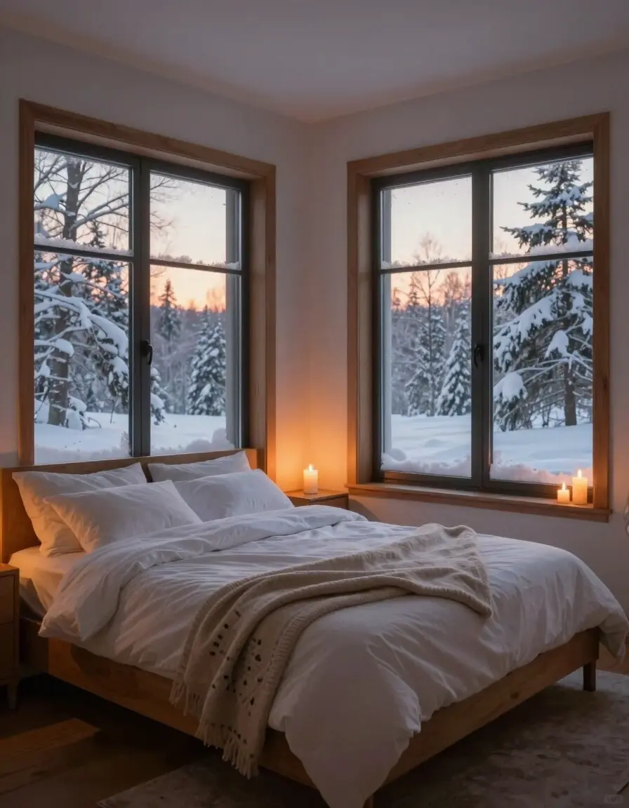 A serene winter bedroom with a large bed, white bedding, and beige throw blanket, positioned in front of two expansive windows showcasing a snow-covered forest at dusk.