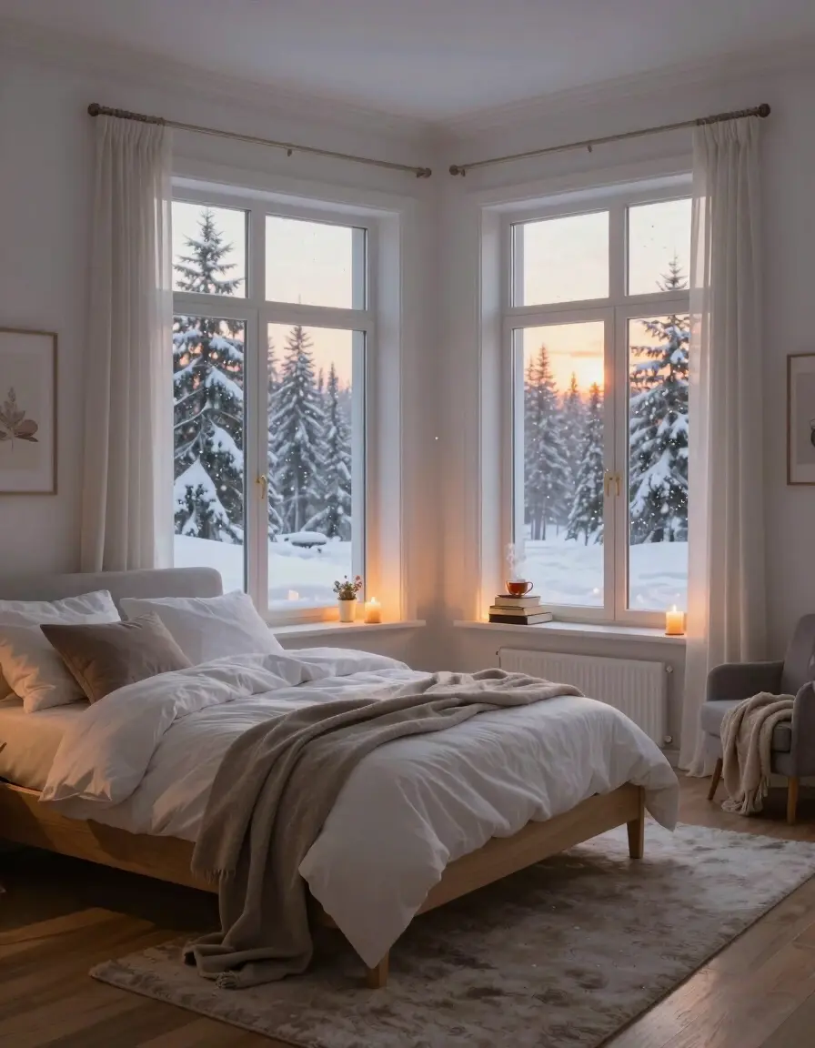 A serene winter bedroom with a large bed, white bedding, and taupe throw blanket, surrounded by large windows showing a snow-covered forest at dusk, with soft candlelight and a cozy ambiance.