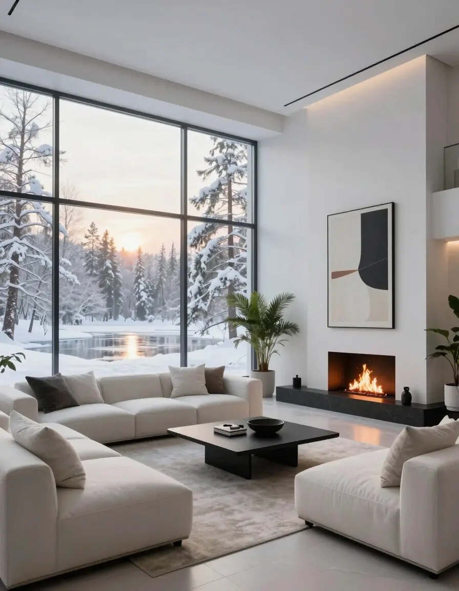 A modern living room with a white sofa, black coffee table, and fireplace, overlooking a frozen lake and snow-covered trees.