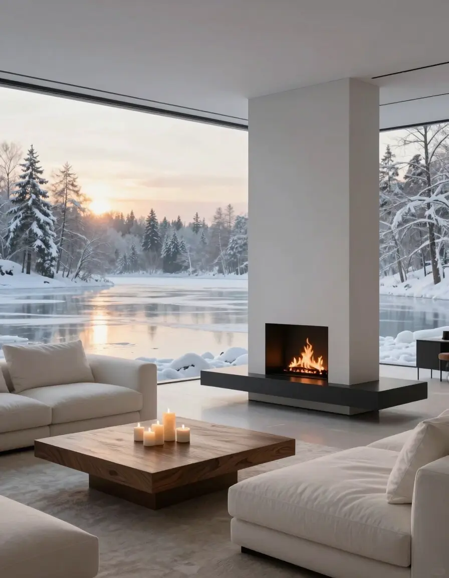 Modern living room with fireplace and white sofa, overlooking a frozen lake and snow-covered trees