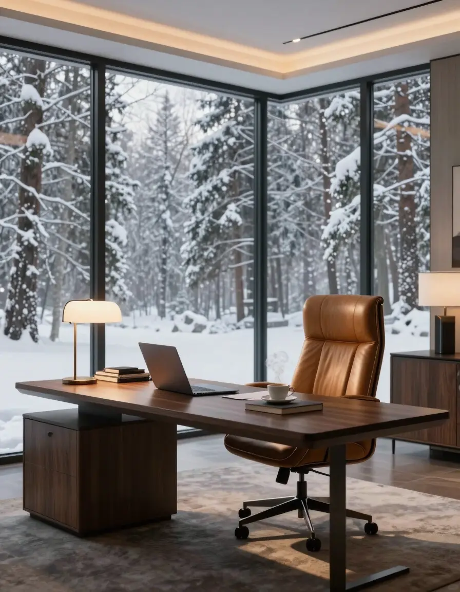 A modern office with a wooden desk and leather chair, surrounded by floor-to-ceiling windows showcasing a snowy forest landscape.