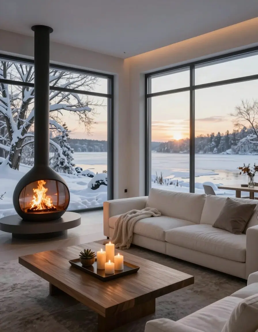 Modern living room with white sofa, fireplace, and large windows showing a snowy tree and frozen water body.