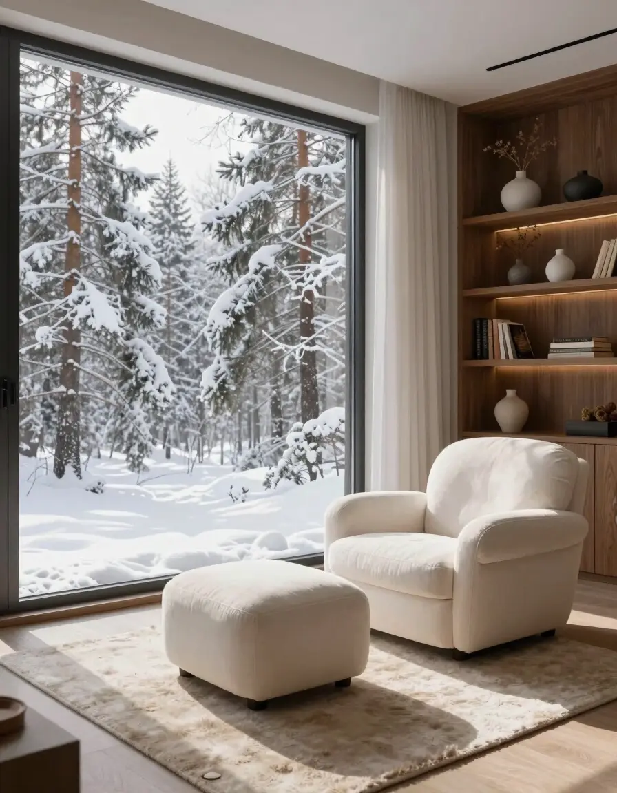 A peaceful winter scene with a white chair and ottoman on a beige rug in front of a large window showing snow-covered trees.
