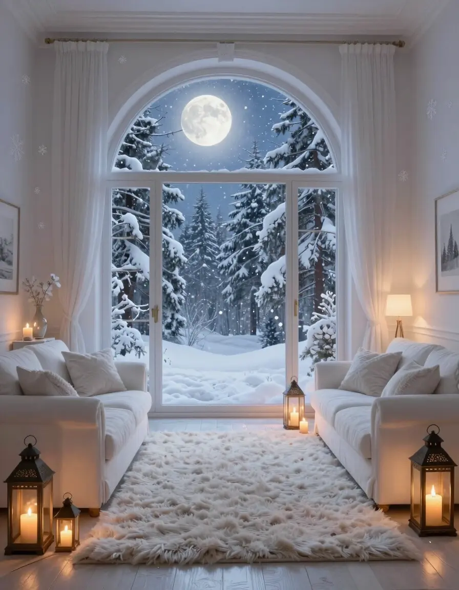 A cozy living room with a large arched window showing a snowy forest under a full moon. The room is decorated in white with a sofa, armchair, and lanterns.