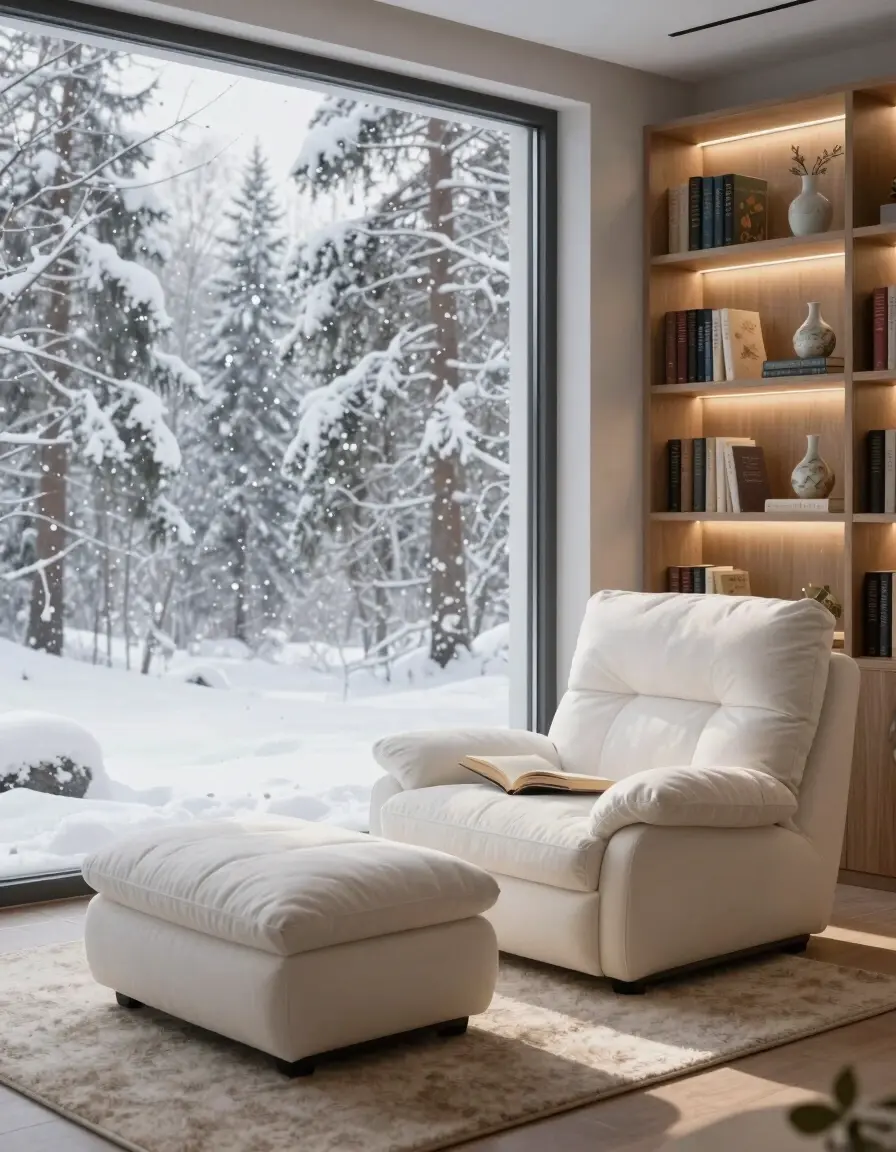 A serene reading nook with a white chaise lounge and ottoman, surrounded by a wooden bookshelf and a large window with a snowy forest view.