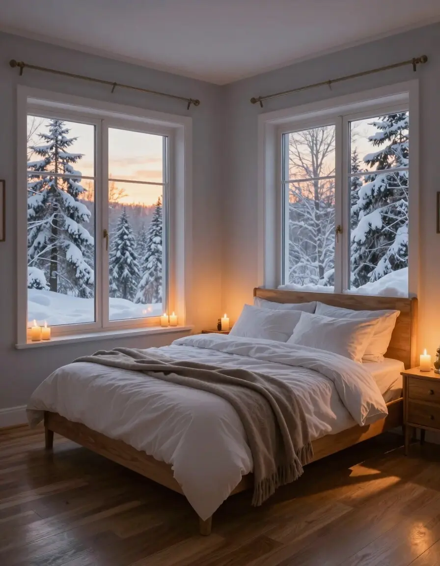 A serene bedroom with a large bed and expansive windows showing a snowy forest at dusk, illuminated by soft candlelight.