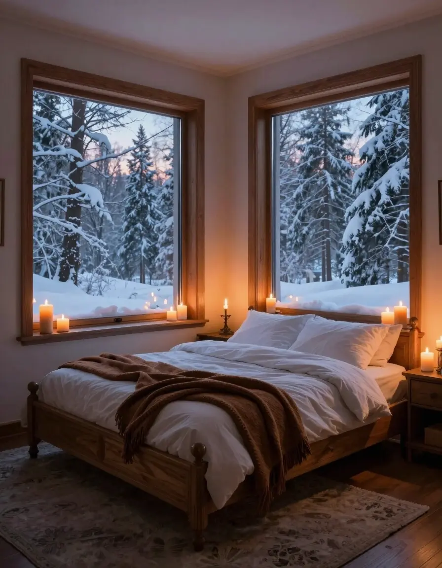 Bedroom with snow-covered forest view, wooden bed, white bedding, and candles.